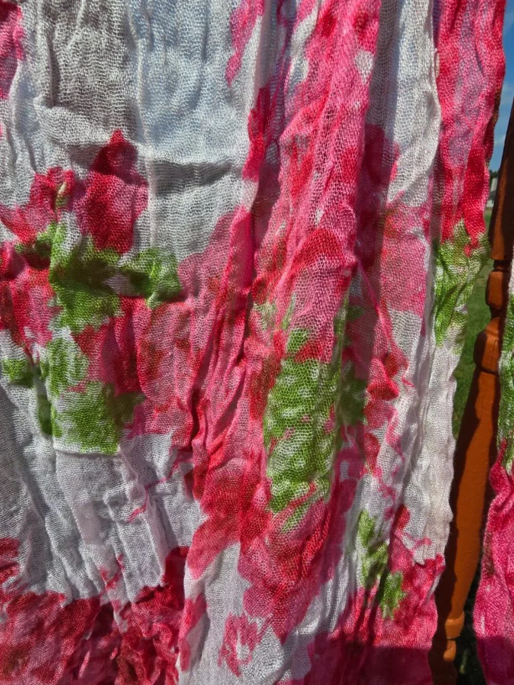 Pink Green Floral Crinkled Lightweight Scarf Fringe Hem Summer Wrap Shawl